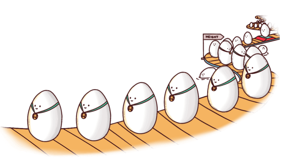 Illustrated eggs on a conveyor belt with medals